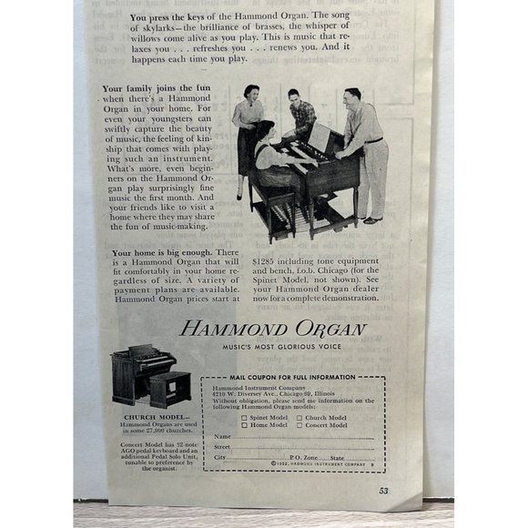 Hammond Organ Vintage Print Ad 1952 Church Model Chicago IL - Picture 5 of 5